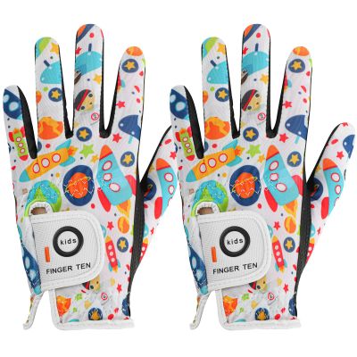 FINGER TEN Stylish Kids Golf Gloves 2 Pack for Left or Right Hand, All Weather Grip & Breathable Durable & Funny Design for Boys Girls Junior Youth Toddler (White&Black, Medium, Left)
