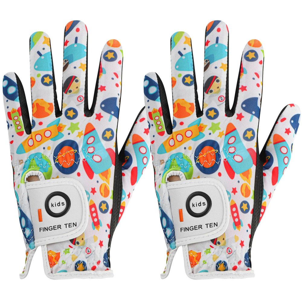FINGER TEN Stylish Kids Golf Gloves 2 Pack for Left or Right Hand, All Weather Grip & Breathable Durable & Funny Design for Boys Girls Junior Youth Toddler (White&Black, Medium, Left)