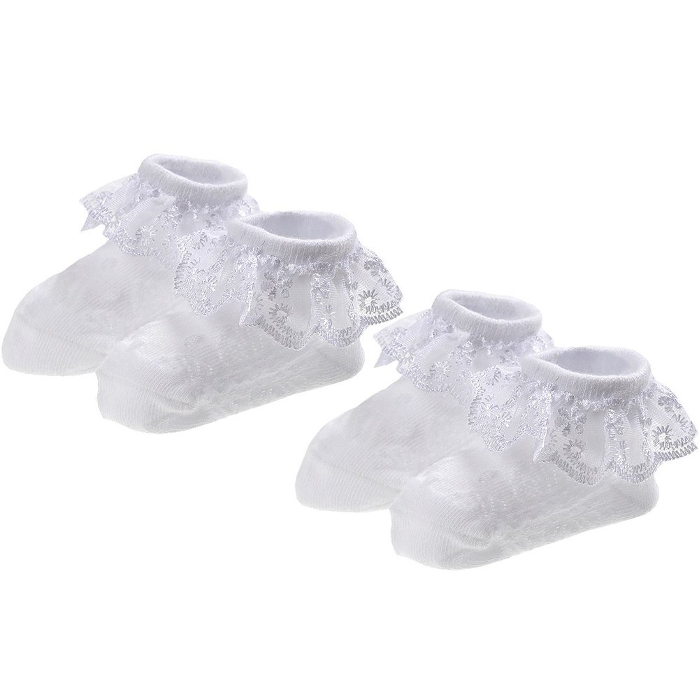 EPEIUS Baby-Girls Eyelet Frilly Lace Socks Toddler Girl Princess Ankle Socks (Pack of 2) 12-24 Months White,Toddler Shoe Size 5-9