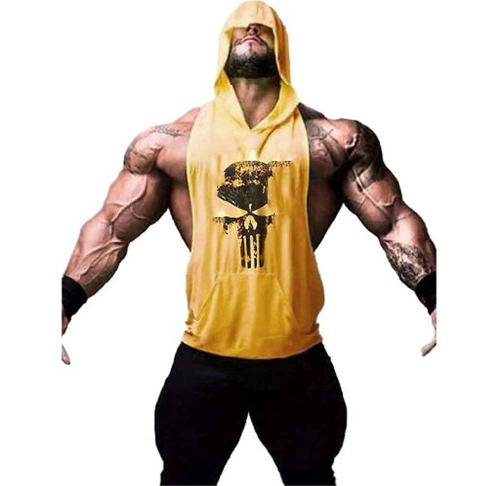 Bestgift Men's Skull Printed Sleeveless Cotton Hooded Tank Top Yellow S