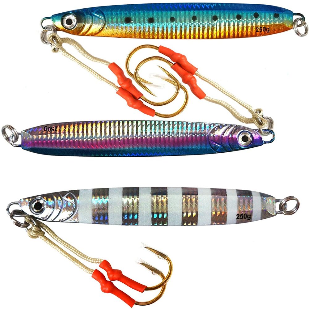 Qty 3 Fish WOW! 9oz Fishing Metal Vertical Speed jig 250g Knife Trolling Jig with two Assist Hooks - Pink Blue Orange