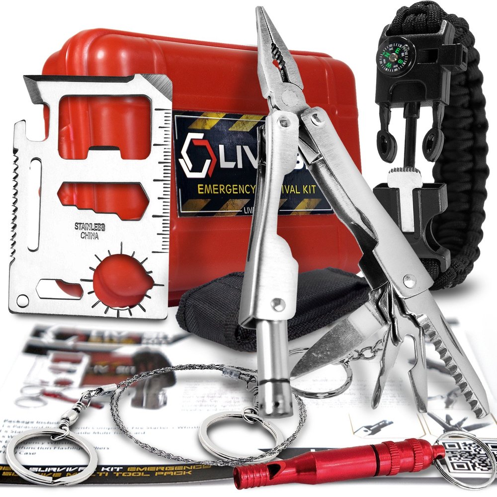 LIVABIT Survival Kit Emergency SOS Survival Multi Tool Pack + Bonus Paracord Bracelet for Camping Hiking Hunting Biking Climbing Traveling and Emergency