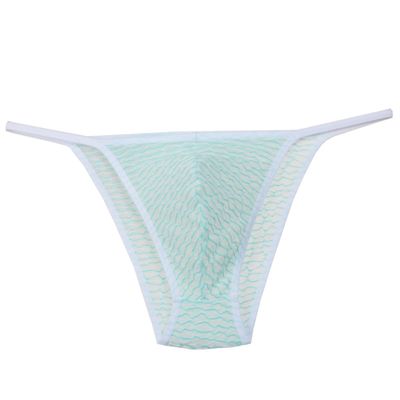 Jaxu Men's String Bikini Briefs Mussy Stripe Pouch Rope Underwear Brazilain Cheeky Briefs Light Green L