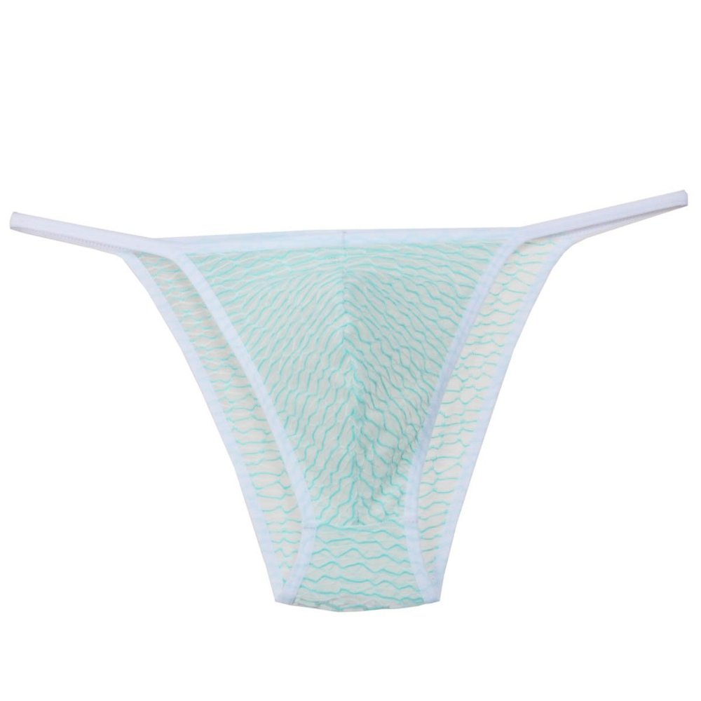 Jaxu Men's String Bikini Briefs Mussy Stripe Pouch Rope Underwear Brazilain Cheeky Briefs Light Green L