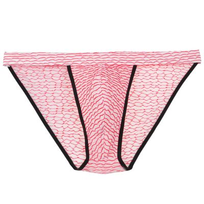 Jaxu Men's Belt Tanga Sport Brief Yarn Mussy Stripe Bikini Briefs See-through Tempting Underwear Light Red L