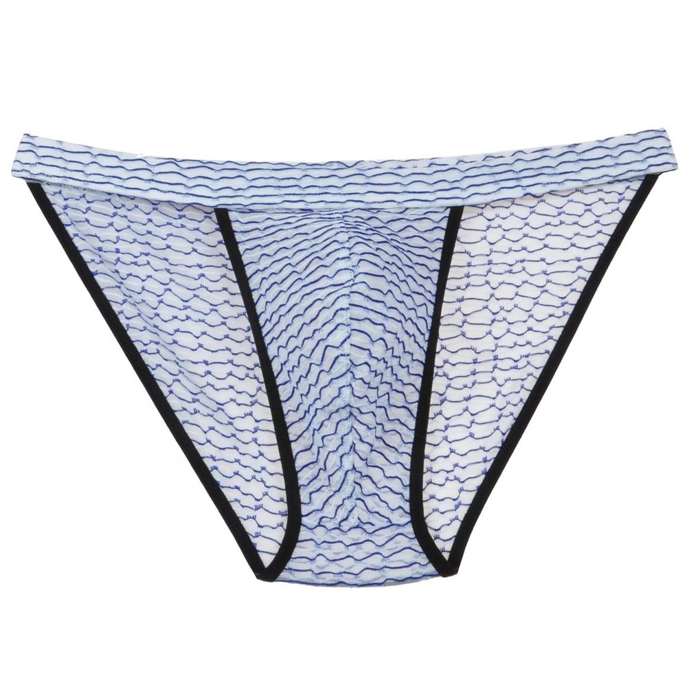 Jaxu Men's Belt Tanga Sport Brief Yarn Mussy Stripe Bikini Briefs See-through Tempting Underwear Blue XL