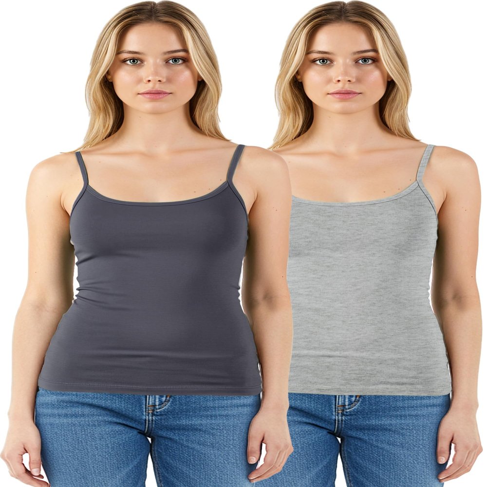 Emmalise Women's Basic Short Camisole Adjustable Strap Layering Cami Tank Top (2Pk Charcoal, H Gray, Medium)