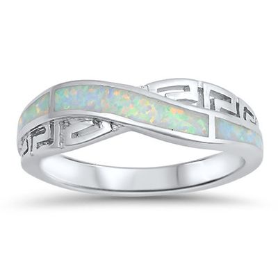 Infinity Knot Greek Key White Simulated Opal Ring .925 Sterling Silver Band Size 5