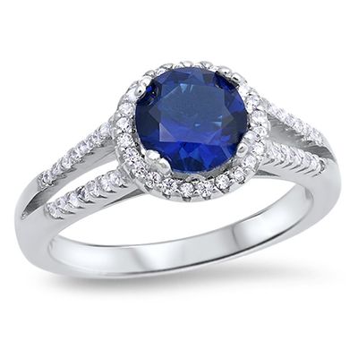 Round Blue Simulated Sapphire Halo Ring .925 Sterling Silver Band Size 5