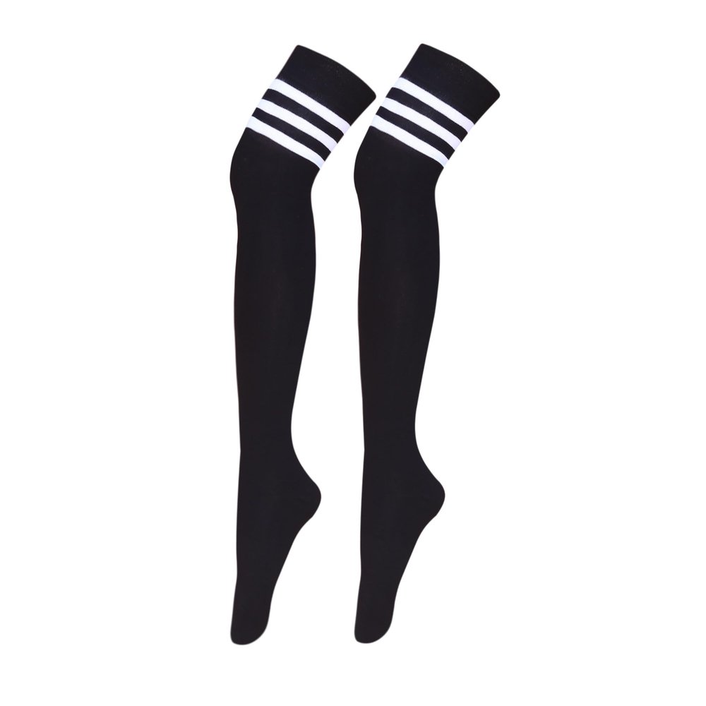 Bestjybt Women Long Thigh High Socks Cotton Warm Over the Knee High Leg Warmers Boot Socks with Stripes (Black-Stripe)
