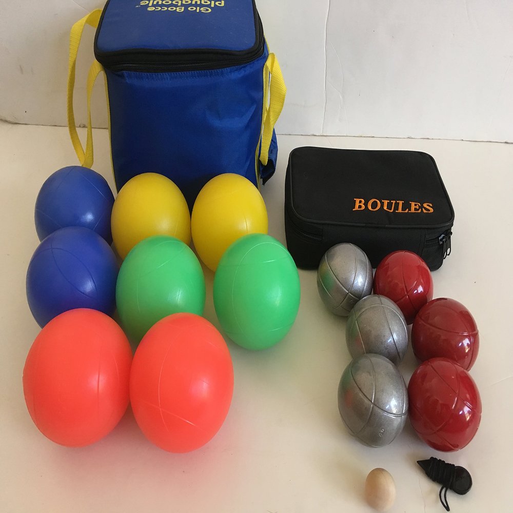 BuyBocceBalls Unique Package - Glow in Dark Bocce Set and 73mm Metal Petanque/Boules 6 Ball Set with 3 Striped Grind Sand and 3 red Balls and Black Bag