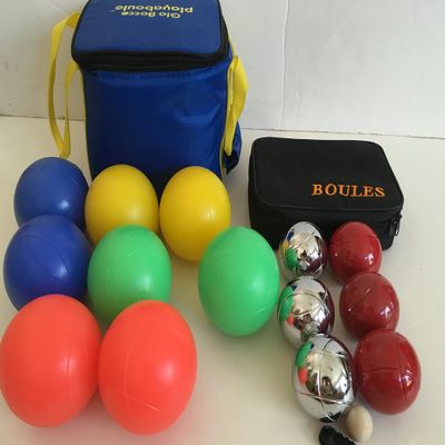 BuyBocceBalls Unique Package - Glow in Dark Bocce Set and 73mm Metal Petanque/Boules 6 Ball Set with 3 Silver and 3 red Balls and Black Bag