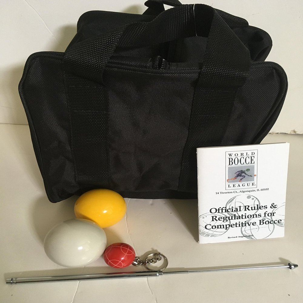 BuyBocceBalls Unique Bocce Accessories Package - Heavy Duty Nylon Bocce Bag, Yellow and White 60mm Pallinos, Extendable Measuring Device, Rule Book and Keychain