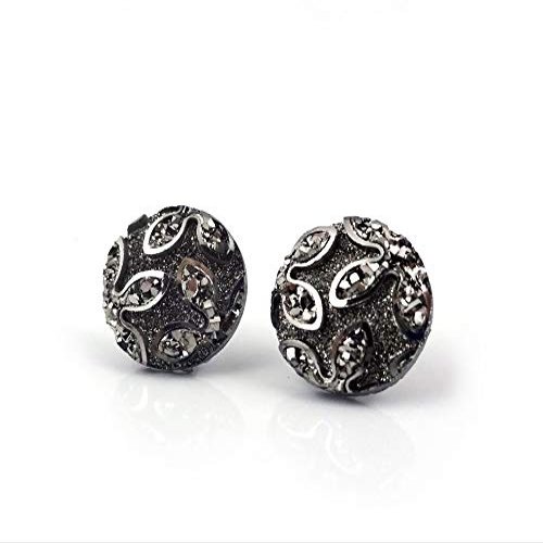 12mm Faux Druzy Stud Earrings - Stainless Steel Posts Sensitive Ears Boho Chic Sparkly Glitter Studs (Grey Flower)