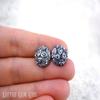12mm Faux Druzy Stud Earrings - Stainless Steel Posts Sensitive Ears Boho Chic Sparkly Glitter Studs (Grey Flower) view 3