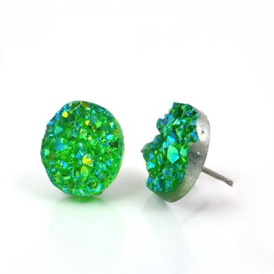 12mm Faux Druzy Stud Earrings - Stainless Steel Posts for Sensitive Ears Boho Chic Sparkly Glitter Studs (Kelly Green)