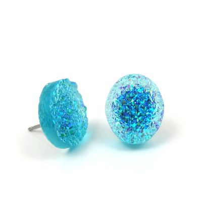 12mm Faux Druzy Stud Earrings - Stainless Steel Posts for Sensitive Ears Boho Chic Sparkly Glitter (Clear Turquoise)