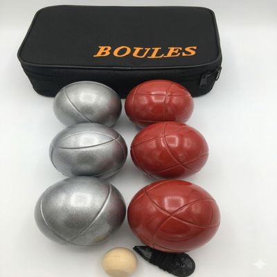 BuyBocceBalls Listing -73mm Metal Petanque and Boules 6 Ball Set with 3 Plain Grind Sand and 3 red Balls and Black Bag