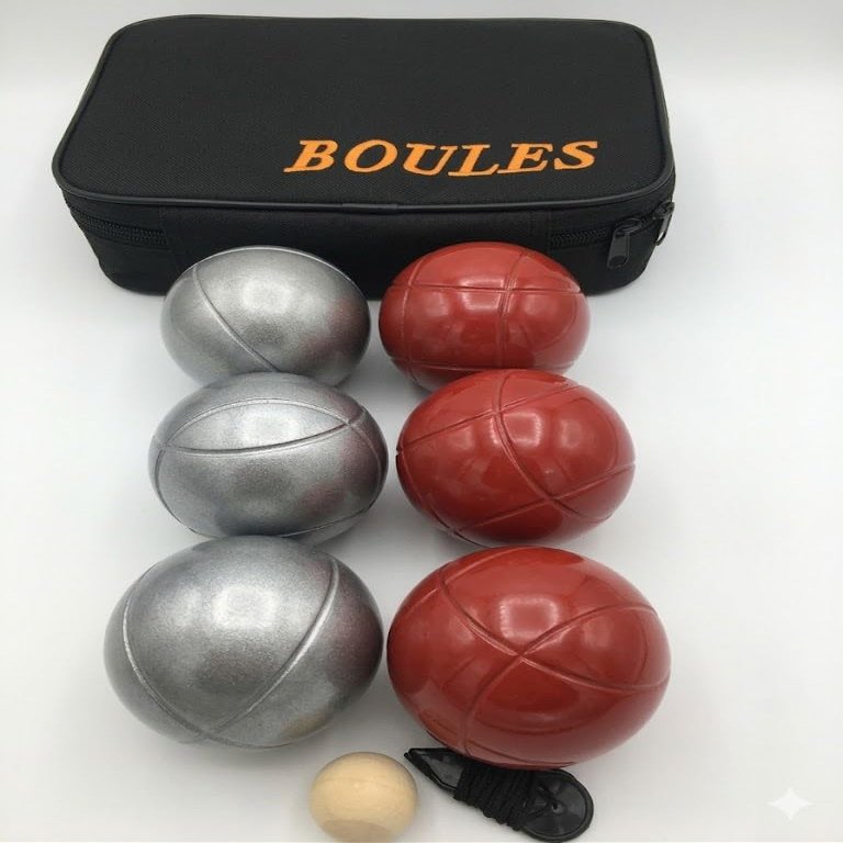 BuyBocceBalls Listing -73mm Metal Petanque and Boules 6 Ball Set with 3 Plain Grind Sand and 3 red Balls and Black Bag