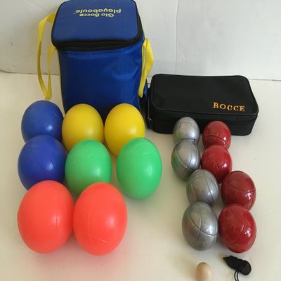BuyBocceBalls Unique Package - Glow in Dark Bocce Set and - 73mm Metal Bocce/Petanque - 8 Ball Set with 4 Striped Grind Sand and 4 red Balls and Black Bag
