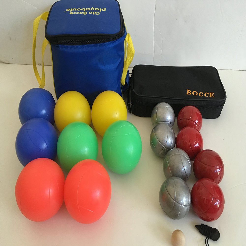 BuyBocceBalls Unique Package - Glow in Dark Bocce Set and - 73mm Metal Bocce/Petanque - 8 Ball Set with 4 Striped Grind Sand and 4 red Balls and Black Bag