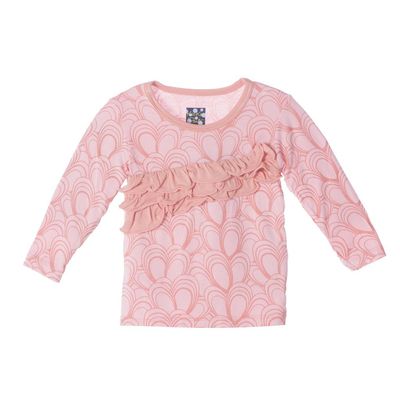 KicKee Pants Girls Long Sleeve Diagonal Ruffle Tee, Lotus Mussels, Girls 8