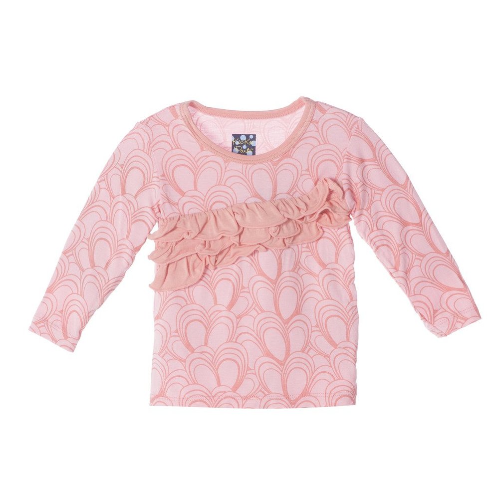 KicKee Pants Girls Long Sleeve Diagonal Ruffle Tee, Lotus Mussels, Girls 8
