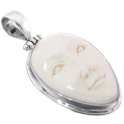 FifiRose Goddess Carving Bison Bone 925 Sterling Silver Pendant, 1 3/4"