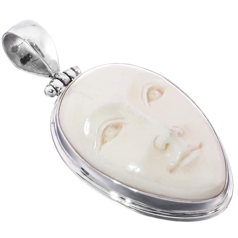FifiRose Goddess Carving Bison Bone 925 Sterling Silver Pendant, 1 3/4"