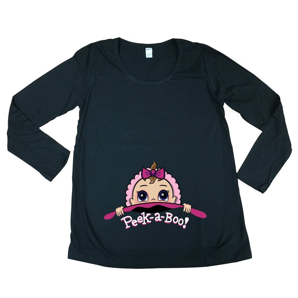 Long Sleeve Baby Girl Peek A Boo Cute Future Mom Mommy Maternity DT T-Shirt Tee (Medium, Black)