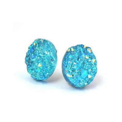 12mm Faux Druzy Stud Earrings - Stainless Steel Posts Sensitive Ears Boho Chic Sparkly Glitter Studs (Blue Mint)