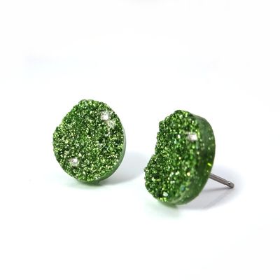 12mm Olive Moss Green Faux Druzy Stud - Stainless Steel Posts for Sensitive Ears Glitter Studs (Olive Green)