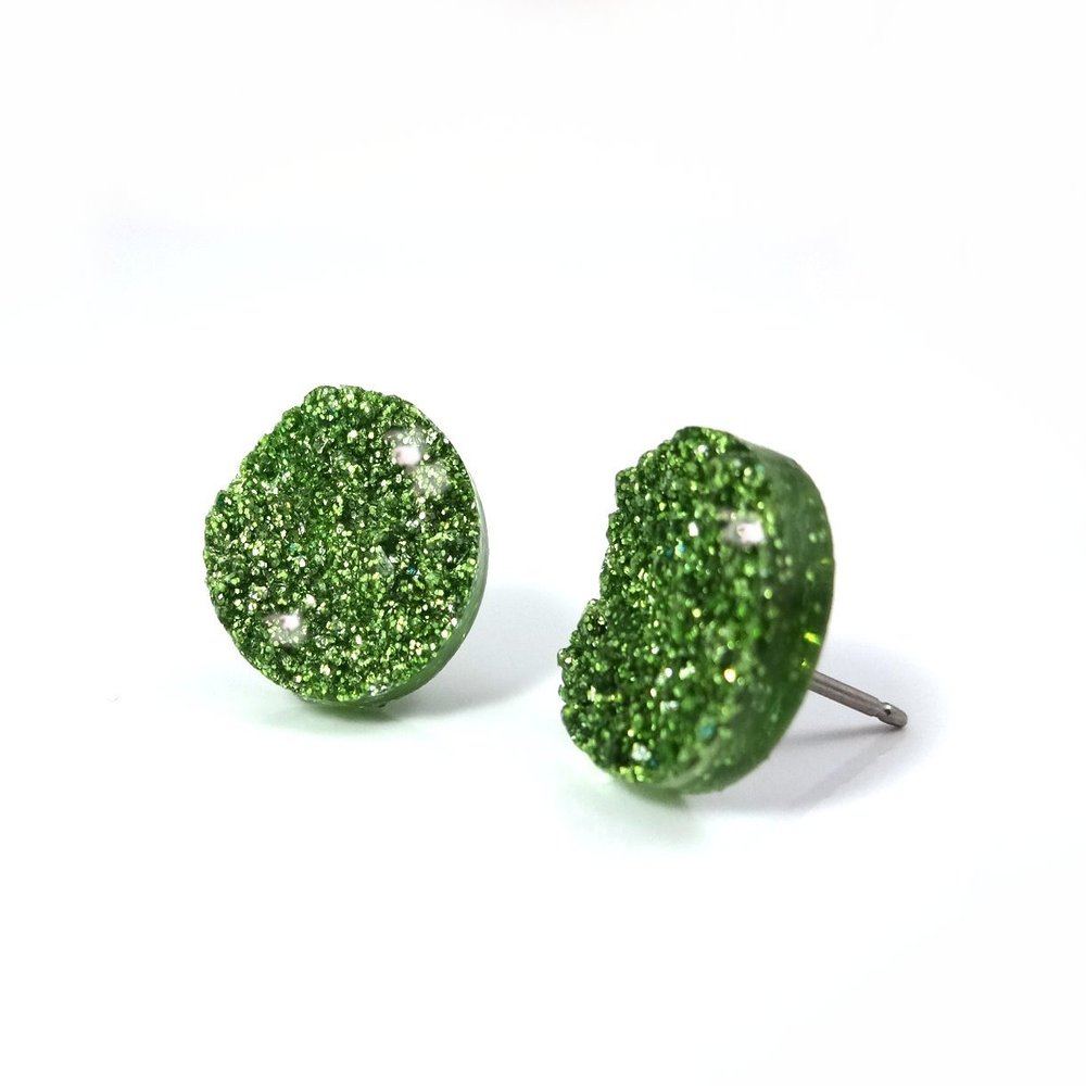 12mm Olive Moss Green Faux Druzy Stud - Stainless Steel Posts for Sensitive Ears Glitter Studs (Olive Green)