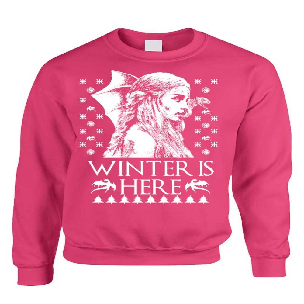 ALLNTRENDS Adult Crewneck Winter is Here Ugly Christmas Sweater Khalessi Top (L, Heliconia Pink)