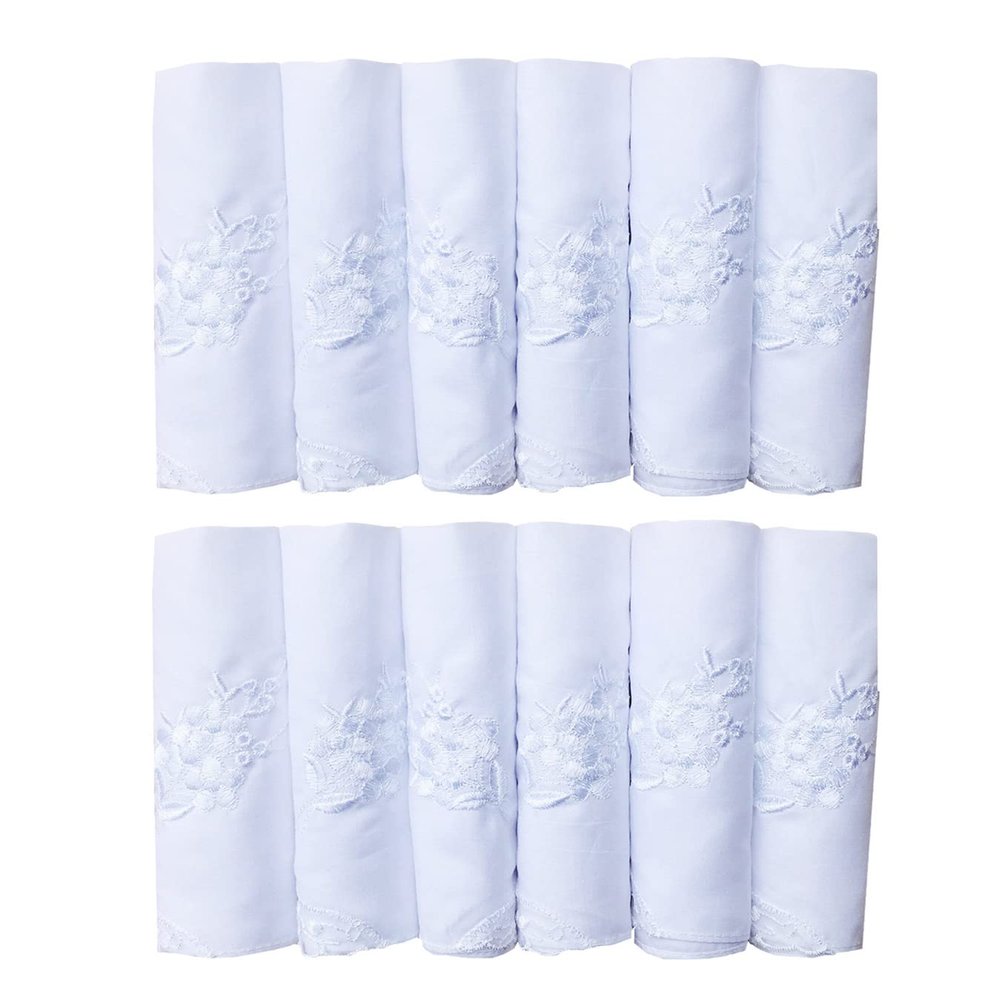 CoCoUSM Womens White Embroidered Cotton Lace Handkerchiefs Pack Bulk