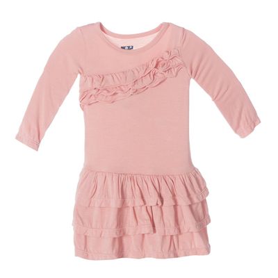 KicKee Pants Little Girls Long Sleeve Diagonal Ruffle Banner Dress, Blush, 12-18 Months