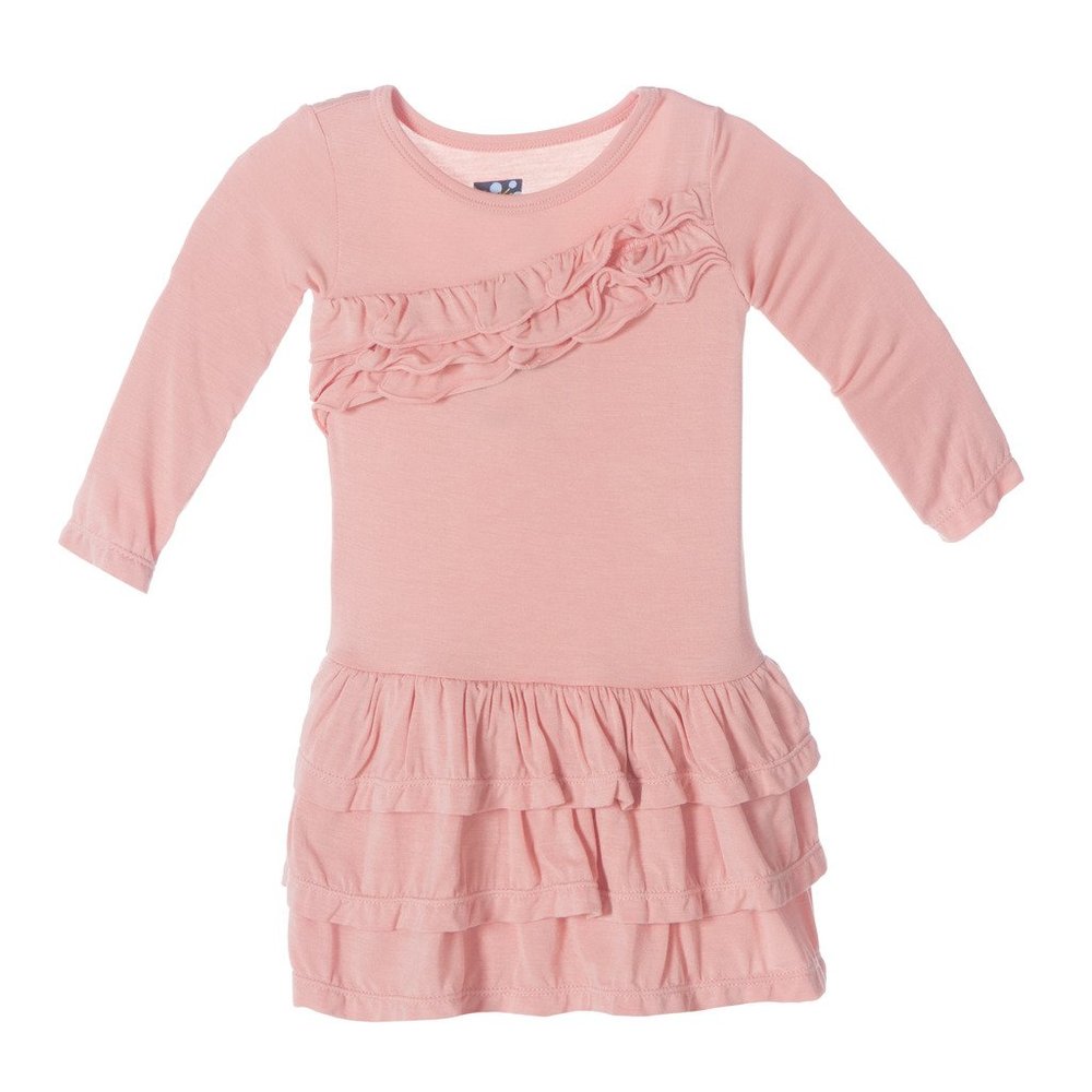 KicKee Pants Little Girls Long Sleeve Diagonal Ruffle Banner Dress, Blush, 12-18 Months