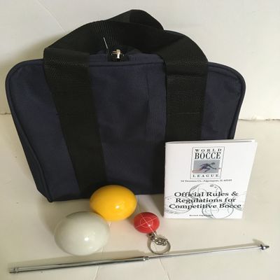 BuyBocceBalls Unique Bocce Accessories Package - Heavy Duty Nylon Bocce Bag, Yellow and White 60mm Pallinos, Extendable Measuring Device, Rule Book and Keychain