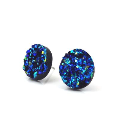 12mm Navy Blue Black Glitter Faux Druzy Stud Earrings - Stainless Steel Posts for Sensitive Ears Sparkly Glitter (Navy Blue)