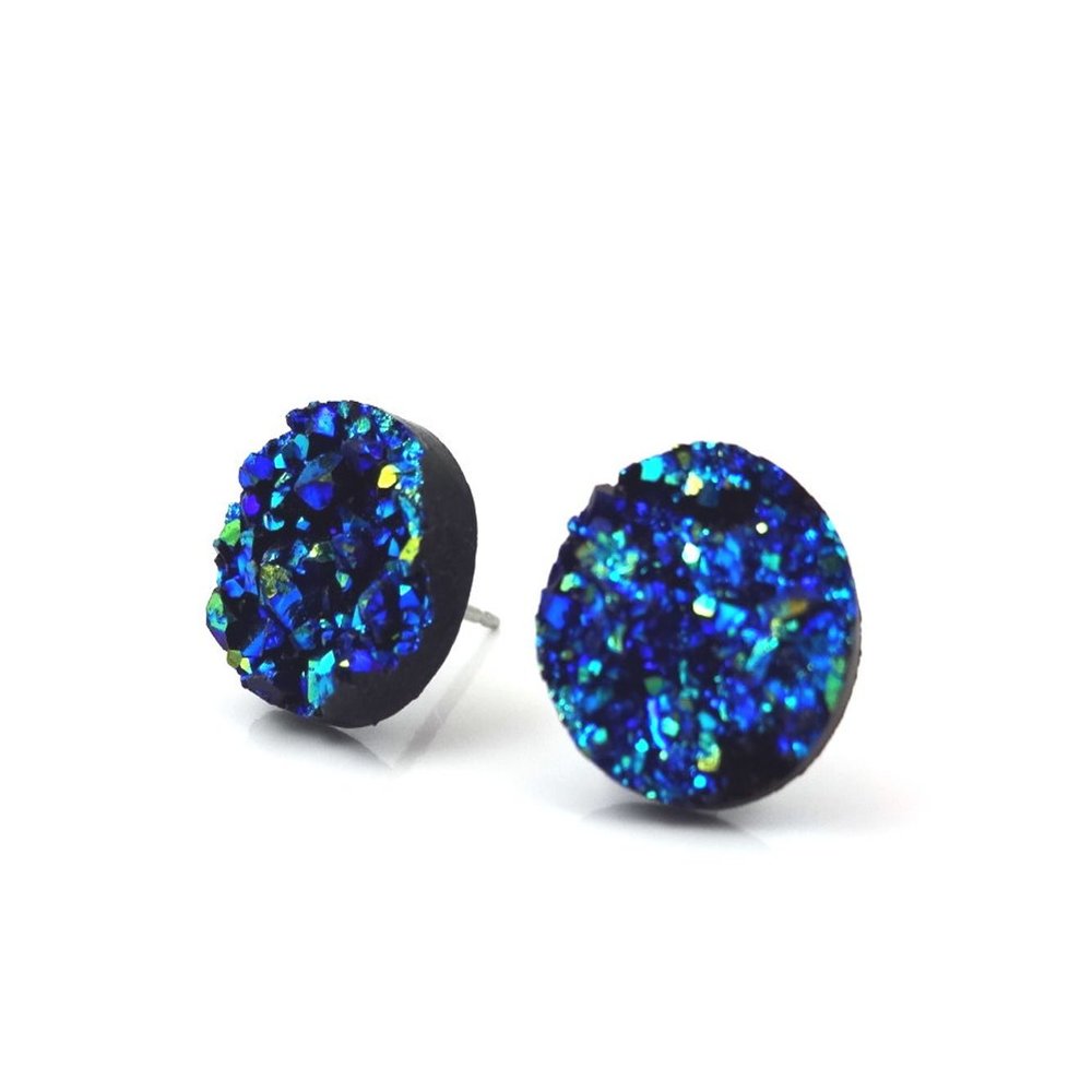 12mm Navy Blue Black Glitter Faux Druzy Stud Earrings - Stainless Steel Posts for Sensitive Ears Sparkly Glitter (Navy Blue)