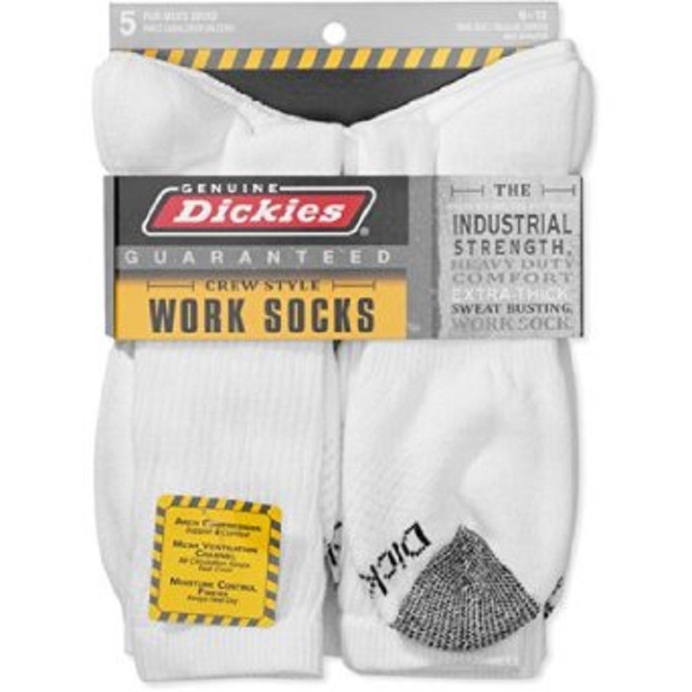 Dickies Genuine Mens 5-Pair Crew Work Socks - (10-13 sock/6-12 shoe, 5 pair white, Medium)