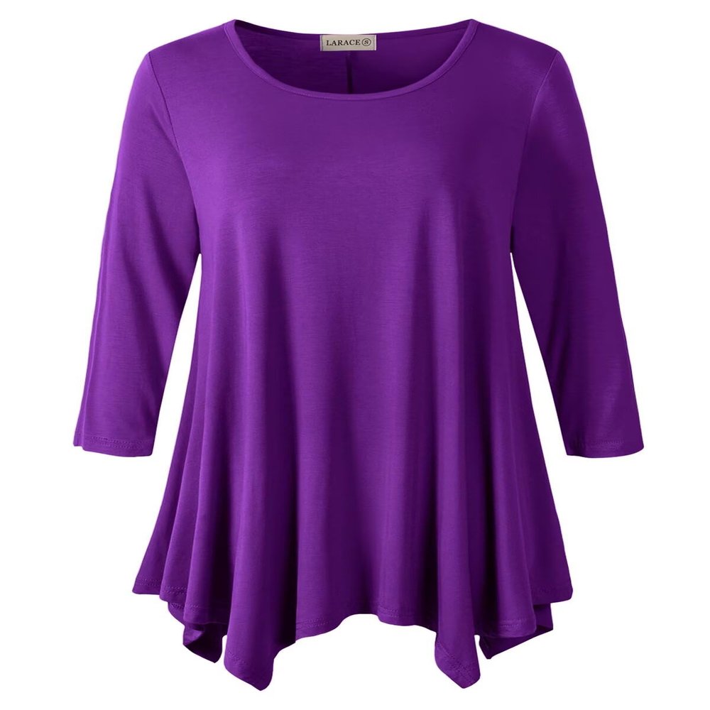 LARACE Plus Size Tops for Women 3/4 Sleeve Shirts Tunic Tops Loose Fit Basic Lady Clothes (3X, Deep Purple)