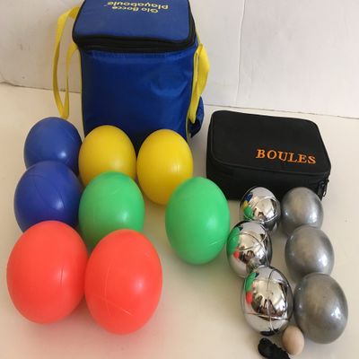 BuyBocceBalls Unique Package - Glow in Dark Bocce Set and 73mm Metal Petanque/Boules 6 Ball Set with 3 Silver and 3 Plain Grind Sand Balls and Black Bag