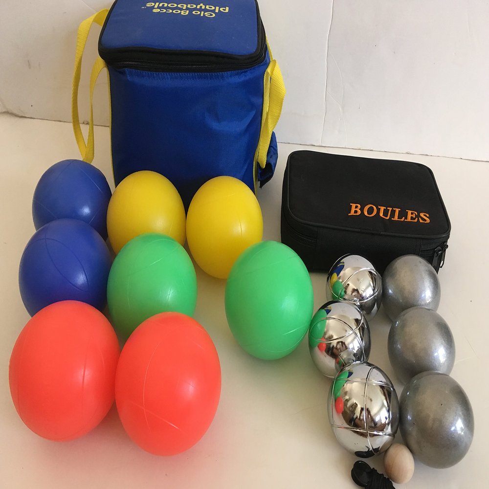 BuyBocceBalls Unique Package - Glow in Dark Bocce Set and 73mm Metal Petanque/Boules 6 Ball Set with 3 Silver and 3 Plain Grind Sand Balls and Black Bag