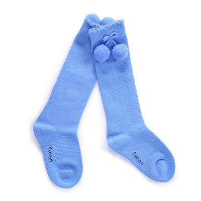 Pettigirl Baby Girl Handmade Knee-Length Stretch Socks with Pom Decoration, Blue, 4years