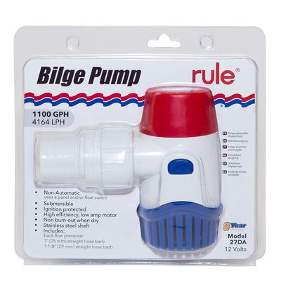 Rule Standard Bilge Pump 27DA - Not Automatic, Submersible, Marine Bilge Pump for Boats with Thermal Cut-Off, Check Valve, Low Amperage, 3/4" Threaded Ports, Ideal Boat Accessories - 1100 GPH, 12V