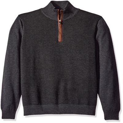 Tricot St. Raphael Men's Big Cotton Blended Herringbone Quarter Zip Sweater with Faux Suede, Charcoal Heather, 4XL Tall