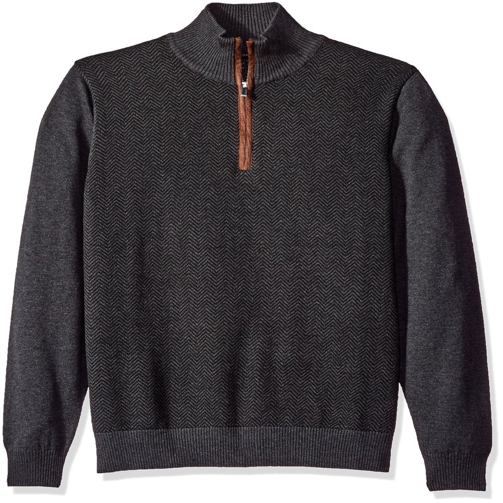 Tricot St. Raphael Men's Big Cotton Blended Herringbone Quarter Zip Sweater with Faux Suede, Charcoal Heather, 4XL Tall