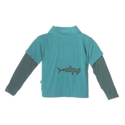 KicKee Pants Boys Long Sleeve Double Layer Applique Polo, Lagoon Hammerhead, 4T