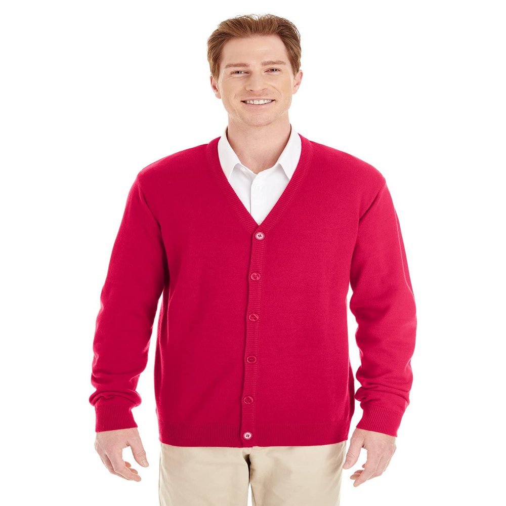 Harriton Men's Pilbloc V-Neck Button Cardigan Sweater M RED